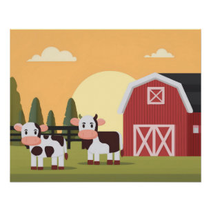 Pôster Duas Vacas e um Celeiro Vermelho ao Nascer do Sol