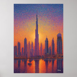 Poster Dubai Burj Khalifa Pointillism Skyline Sunset