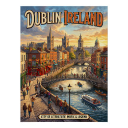Pôster Dublin Irlanda Cartaz de Viagem Antigo Cidade de L