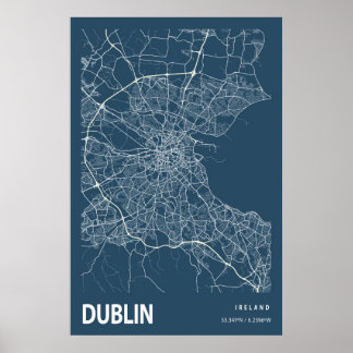 Poster Dublin Irlanda — Mapa da cidade — Linha Art Blue I