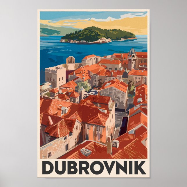 Poster Dubrovnik Croácia Illustração Viagem Art Vintage (Frente)