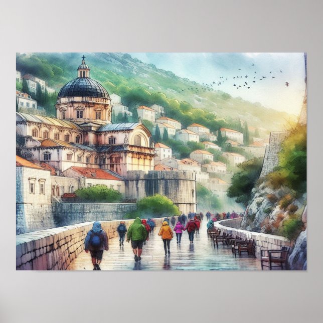 Poster Dubrovnik Croácia Walk on Wall watercolor (Frente)