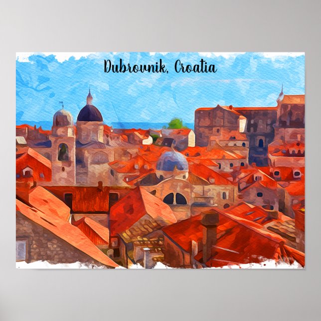 Poster Dubrovnik Croácia Watercolor Painting Viagem (Frente)