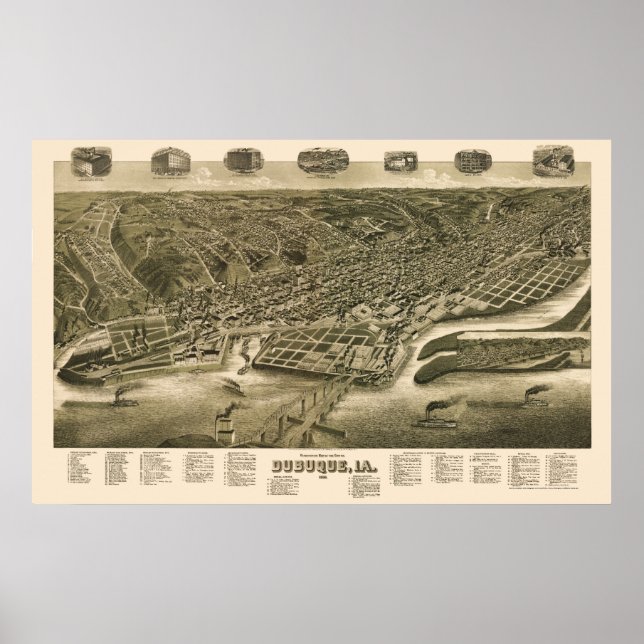 Pôster Dubuque, Mapa Panorâmico de Iowa - 1889 (Frente)