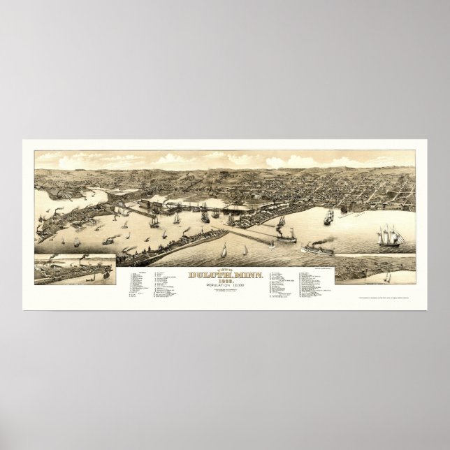 Pôster Duluth, Mapa Panorâmico MN - 1883 (Frente)