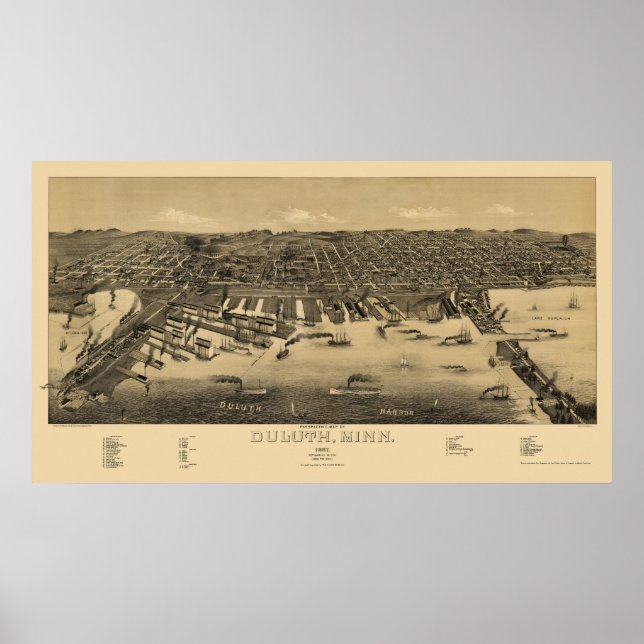 Poster Duluth, Mapa Panorâmico MN - 1887 (Frente)