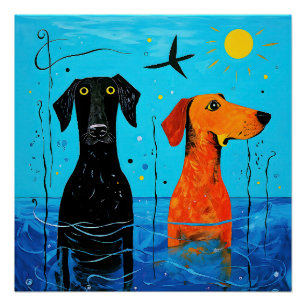 Pôster "Duo Aquático de Alegria" - Cães Coloridos Surreai