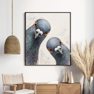Poster Duo de Pombos Curiosos Pássaro Gráfico Caprichos