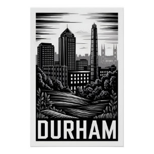 Pôster Durham Carolina do Norte Preto Branco Xilogravura