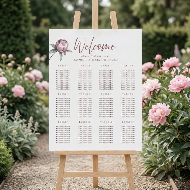 Poster Dusky Pink Peony Encontre Seu Casamento De Assento (create your own dusty pink peony wedding seat chart poster)
