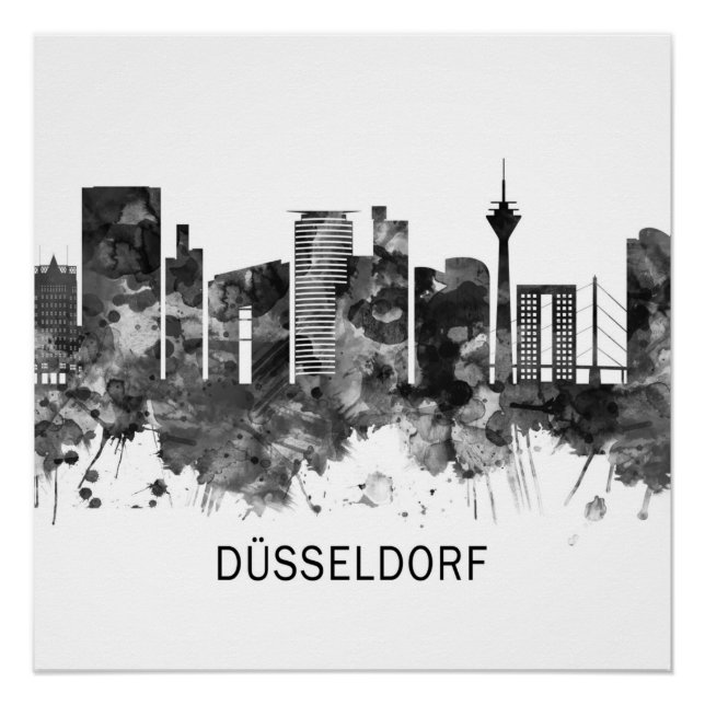 Pôster Dusseldorf Alemanha Skyline BW (Frente)