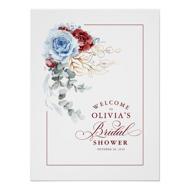 Pôster Dusty Blue and Red Bridal Shower Welcome (Frente)