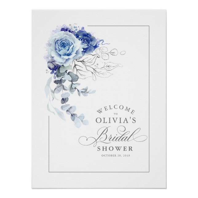 Pôster Dusty Blue and Silver Bridal Shower Welcome (Frente)