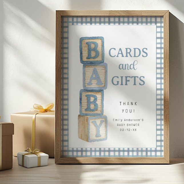 Poster Dusty Blue Baby Blocks Cards and Gifts Baby Shower (Baby Shower Sign)