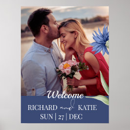 Poster Dusty Blue Bold Floral Na moda Código QR Casamento