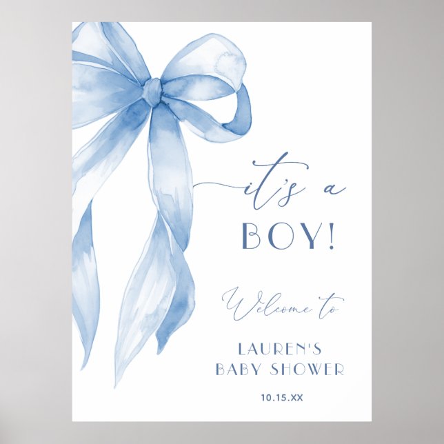 Poster Dusty Blue Bow Its A Boy Baby Shower Welcome Sign (Frente)
