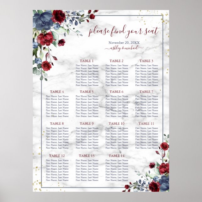 Poster Dusty Blue Burgundy Sentado Floral Marble (Frente)