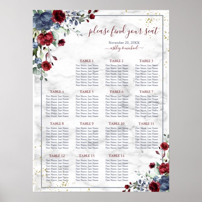 Poster Dusty Blue Burgundy Sentado Floral Marble (Frente)