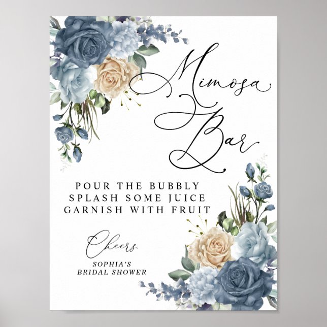 Poster Dusty Blue & Champagne Floral Bridal Shower Mimosa (Frente)