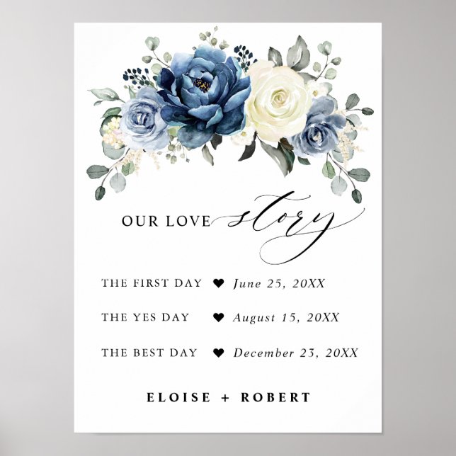 Poster Dusty Blue Champagne Ivory Floral Our love Story (Frente)
