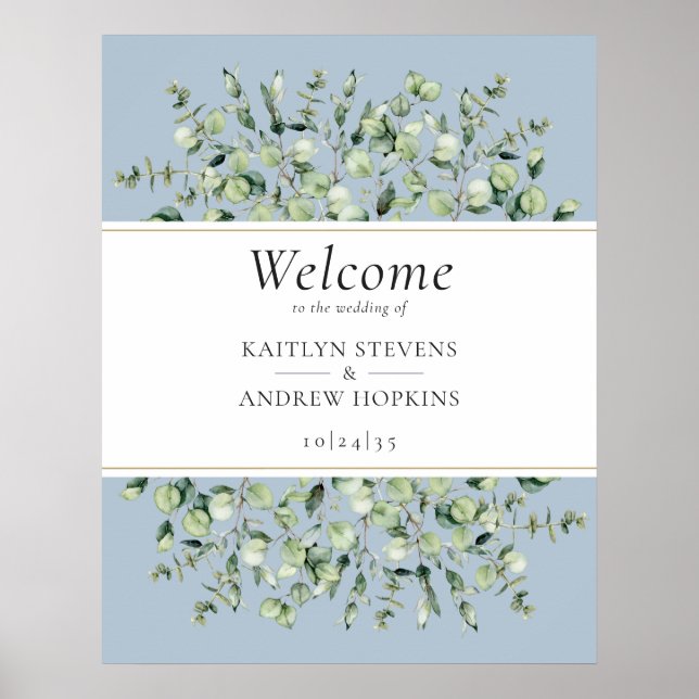 Poster Dusty Blue Eucalyptus Wedding Welcome  (Frente)