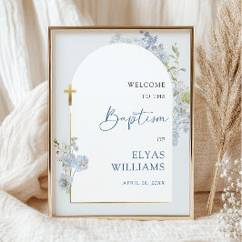 Poster Dusty Blue Floral Arched Boy Baptism Welcome Sign