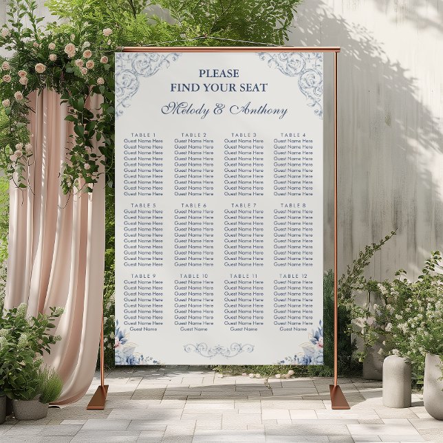 Poster Dusty Blue Floral Wedding Seating Chart (Criador carregado)