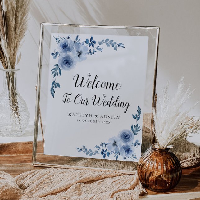 Poster Dusty blue floral welcome wedding sign (Criador carregado)