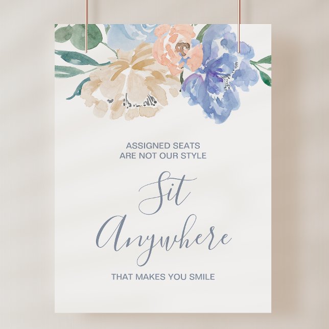 Poster Dusty Blue Florals Senta-Se Em Qualquer Lugar Sina (Dusty Blue Florals Sit Anywhere Wedding Sign)