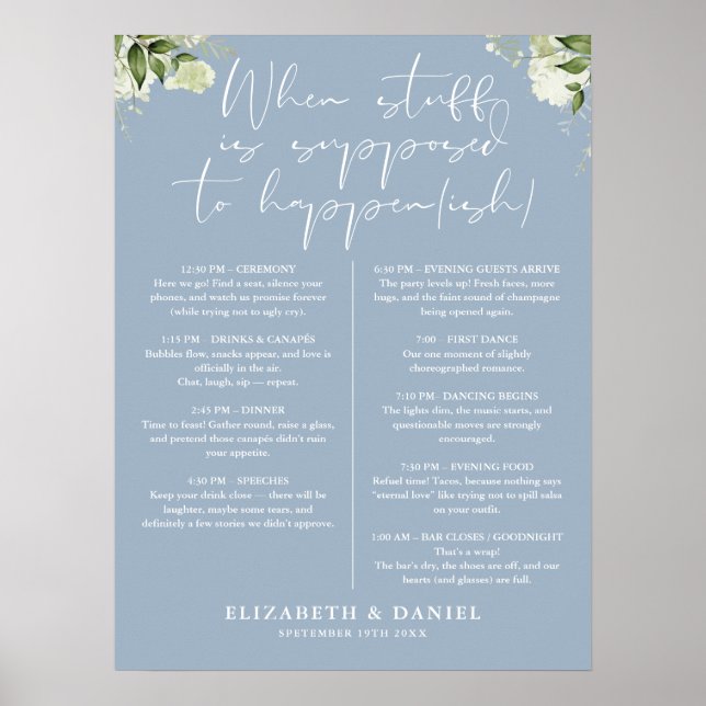 Poster Dusty Blue Greenery Floral Wedding Itinerary (Frente)