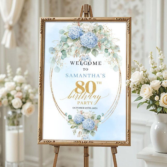 Poster Dusty Blue Hydrangea Boho Floral 80th birthday  (Dusty Blue Hydrangea Boho Floral 80th birthday welcome)