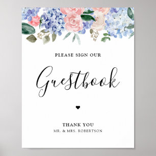 Poster Dusty blue hydrangeas pink please sign guestbook