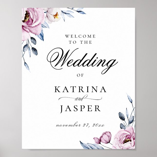 Poster Dusty Blue Mauve Floral Weding Bem-vindo (Frente)
