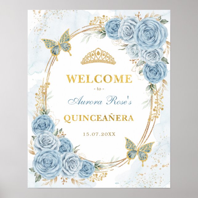 Poster Dusty Blue Quinceanera Mis Quince Boas-vindas (Frente)