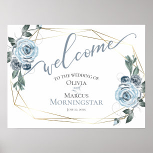Poster Dusty Blue Rustic Calliografia Floral Bem-Vindo