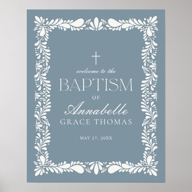 Poster Dusty Blue Talavera Azulejo Fiesta Baptism Bem-vin (Frente)