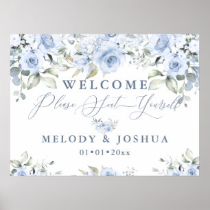 Poster Dusty Blue Watercolor Rosas Sentem-se Sinal