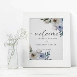 Poster Dusty Blue Wedding Floral Welcome Elegante