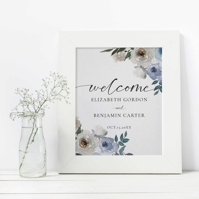 Poster Dusty Blue Wedding Floral Welcome Elegante (Criador carregado)