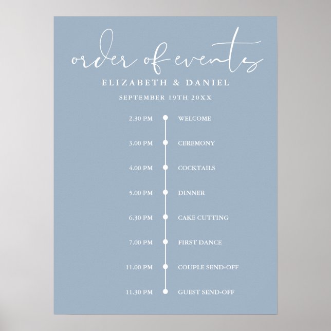 Poster Dusty Blue Wedding Order Of Events Timeline Sign (Frente)