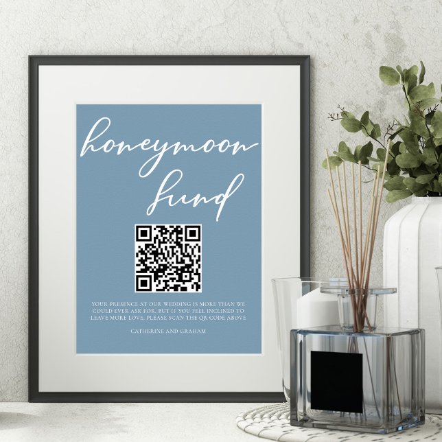 Poster Dusty Blue Weding Honeymoon Fund Código QR (Criador carregado)