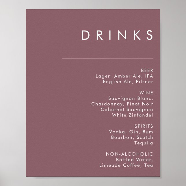 Poster Dusty Boho | Sinal de menu Bebidas Roxas (Frente)