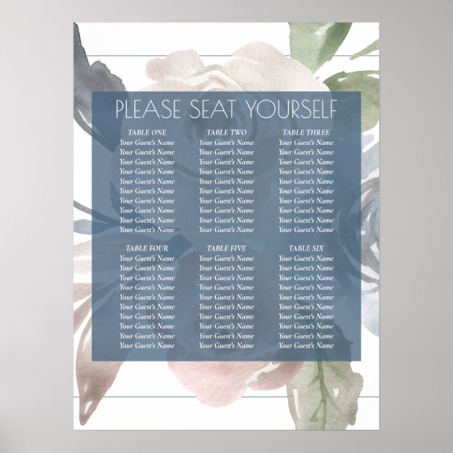 Poster Dusty Floral | Enfumaçado Blue Self-Seating Chart (Frente)