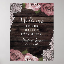 Poster Dusty Mauve Floral Rosas Rustic Wood Lace Casament