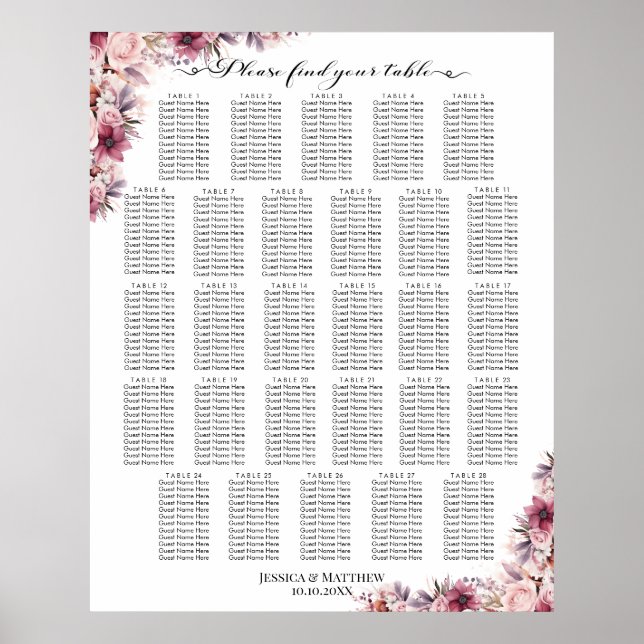 Poster Dusty Pink Boho Floral 28 Mesas Casamento (Frente)