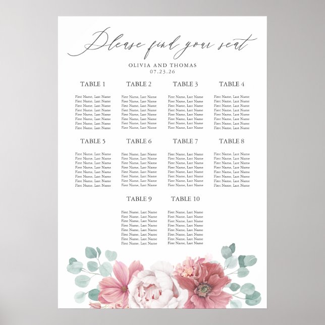 Poster Dusty Pink Floral Wedding Seating Chart (Frente)