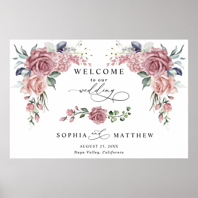 Poster Dusty Pink Floral Wedding Welcome  (Frente)