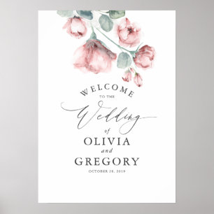 Poster Dusty Rosa Floral Elegant Wedding Bem-vindo