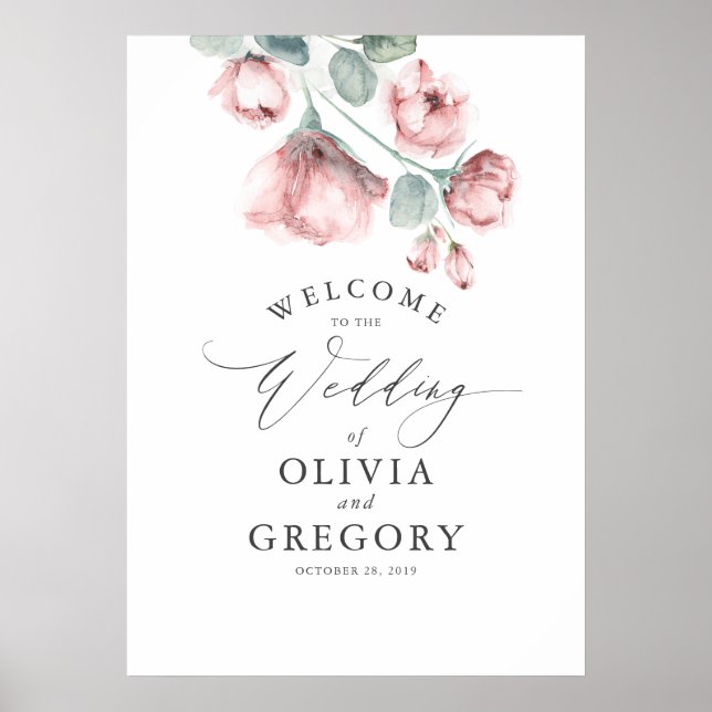 Poster Dusty Rosa Floral Elegant Wedding Bem-vindo (Frente)