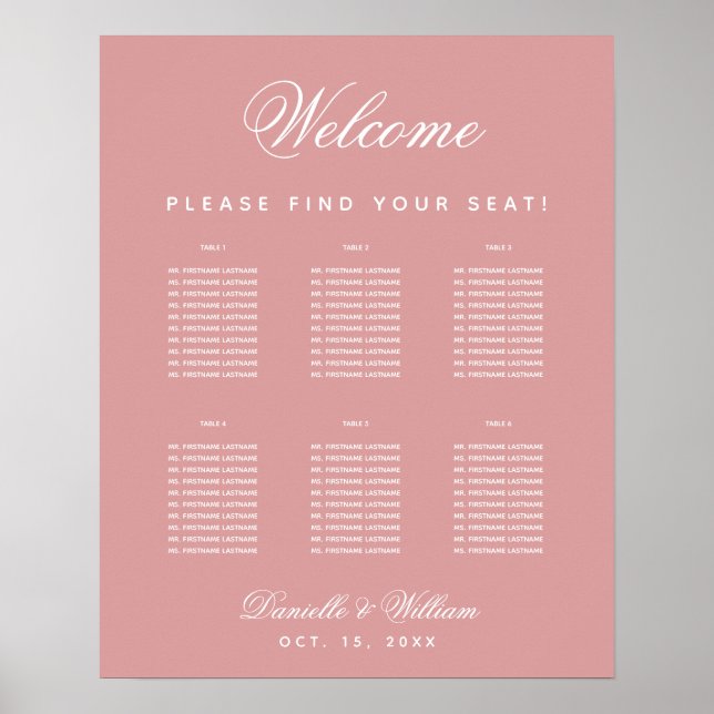 Poster Dusty Rose Wedding 6 Table Pink Seating Chart (Frente)